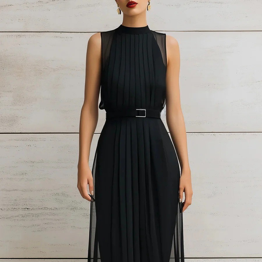 Womens Black Mesh-Panel High-Neck Sleeveless Dress - Image 2