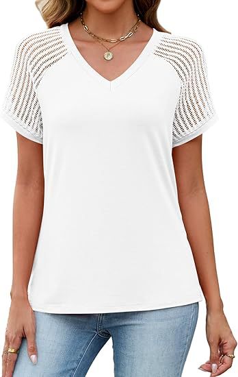 Loose-fitting Hollow-out Mesh Panel V-neck Short-sleeve Top - Image 11