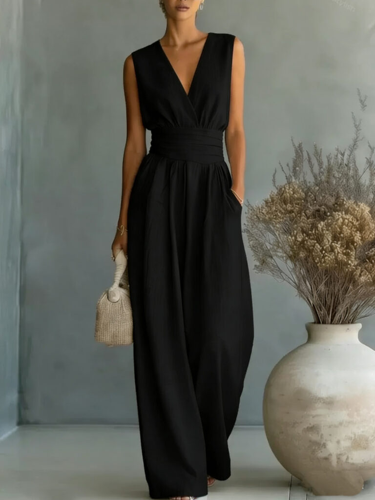 Womens Elegant Sleeveless Waist-Cinching V-Neck Sophisticated Jumpsuit