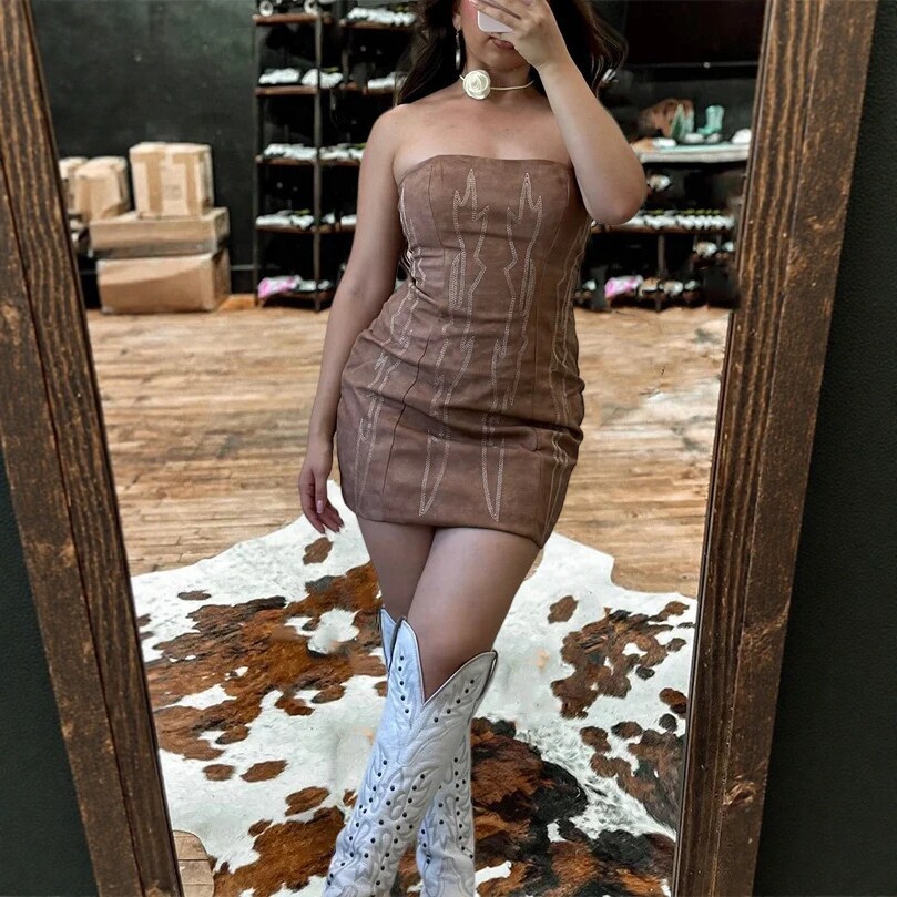 Denim-Style Patchwork Printed Tube Dress - Image 6