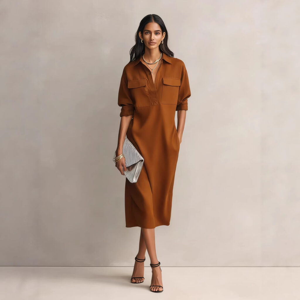 Womens French-style Elegant Commuter Shirt Dress With A Defined Waist, Slimming Fit