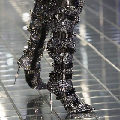 Hot-stone-embellished Skull-toe Studded Pointed-toe Over-the-knee Boots - Image 2