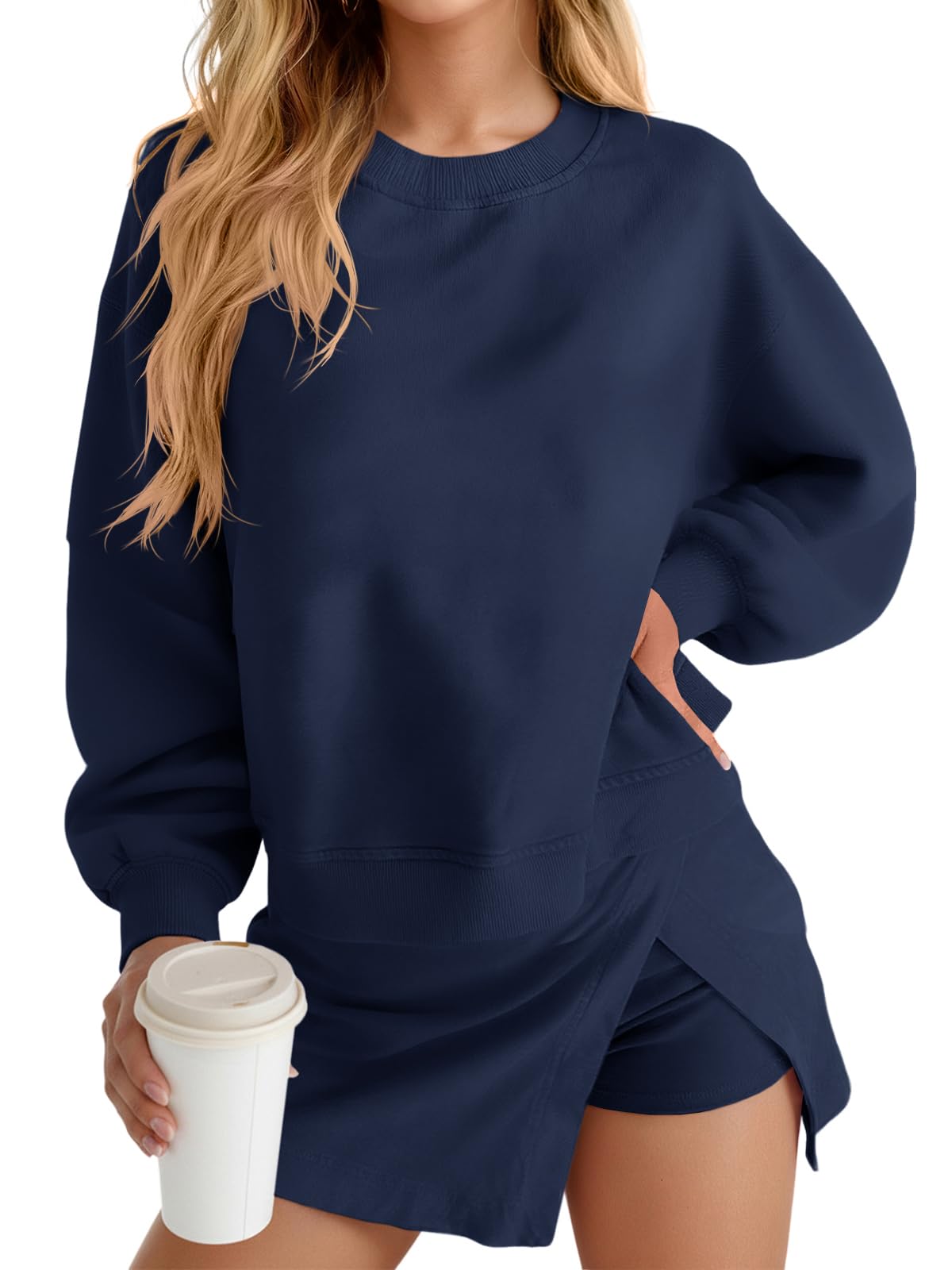 Fisoew 2 Piece Sets For Women Cotton Workout Sets Sweatshirt Top High Waisted Lined Split Athletic Skirt Set - Image 17