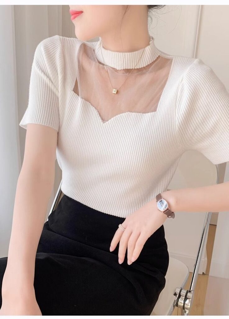 Women's Crew-Neck Short Organza French Top