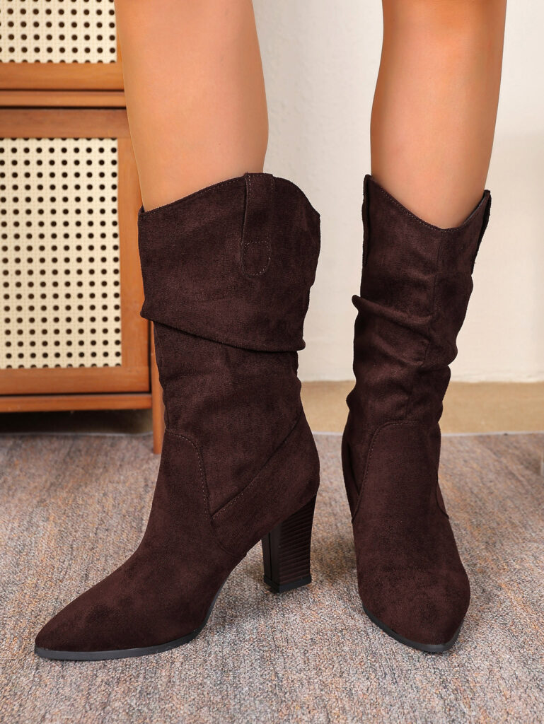 Suede Pointed-toe Fashion Boots With Pleated Mid-calf Design And Chunky Heel