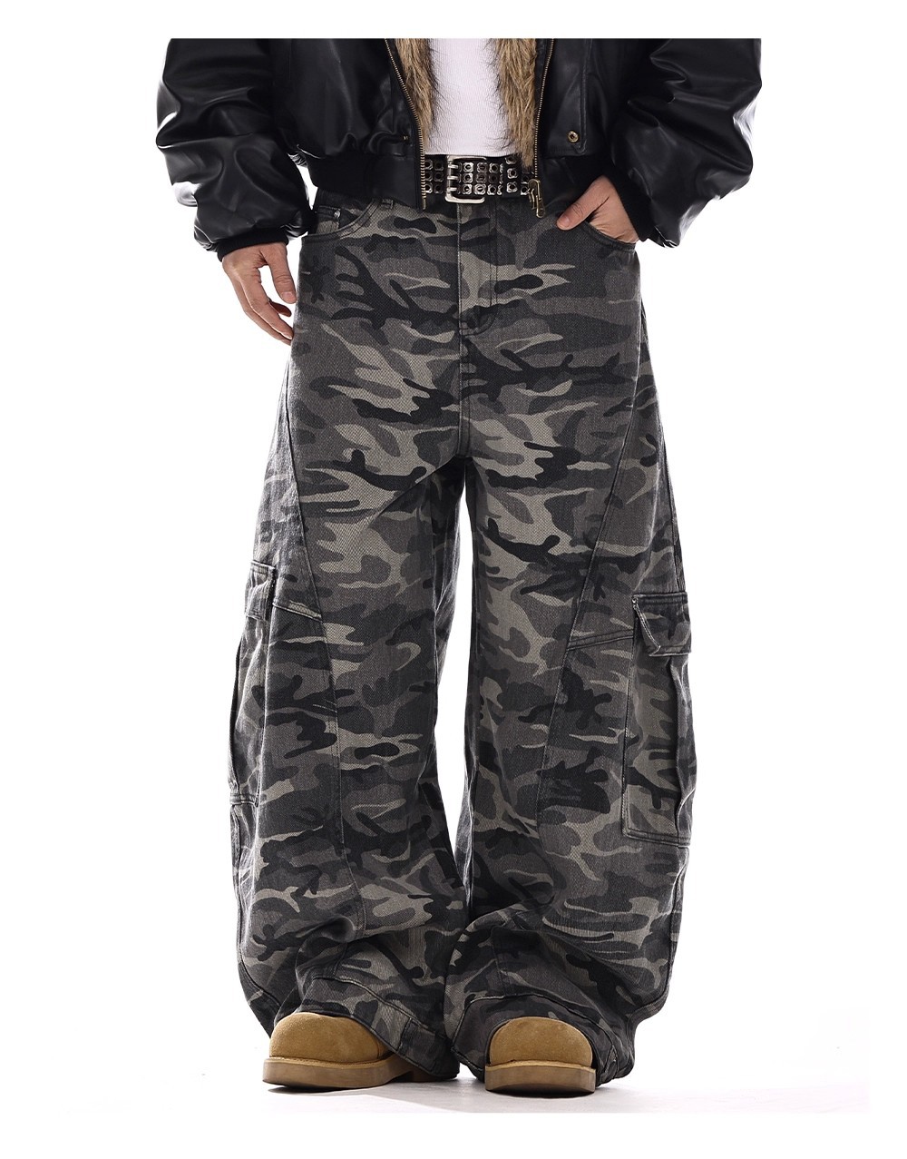 American-style Vintage Camouflage Machete-cut Jeans For Men - Image 9