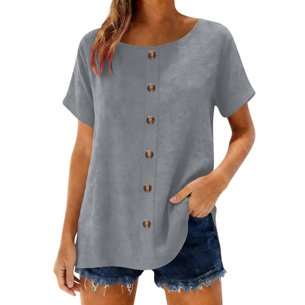 Decorative Girl Button Solid Color Short-Sleeve Crewneck T-Shirt Top