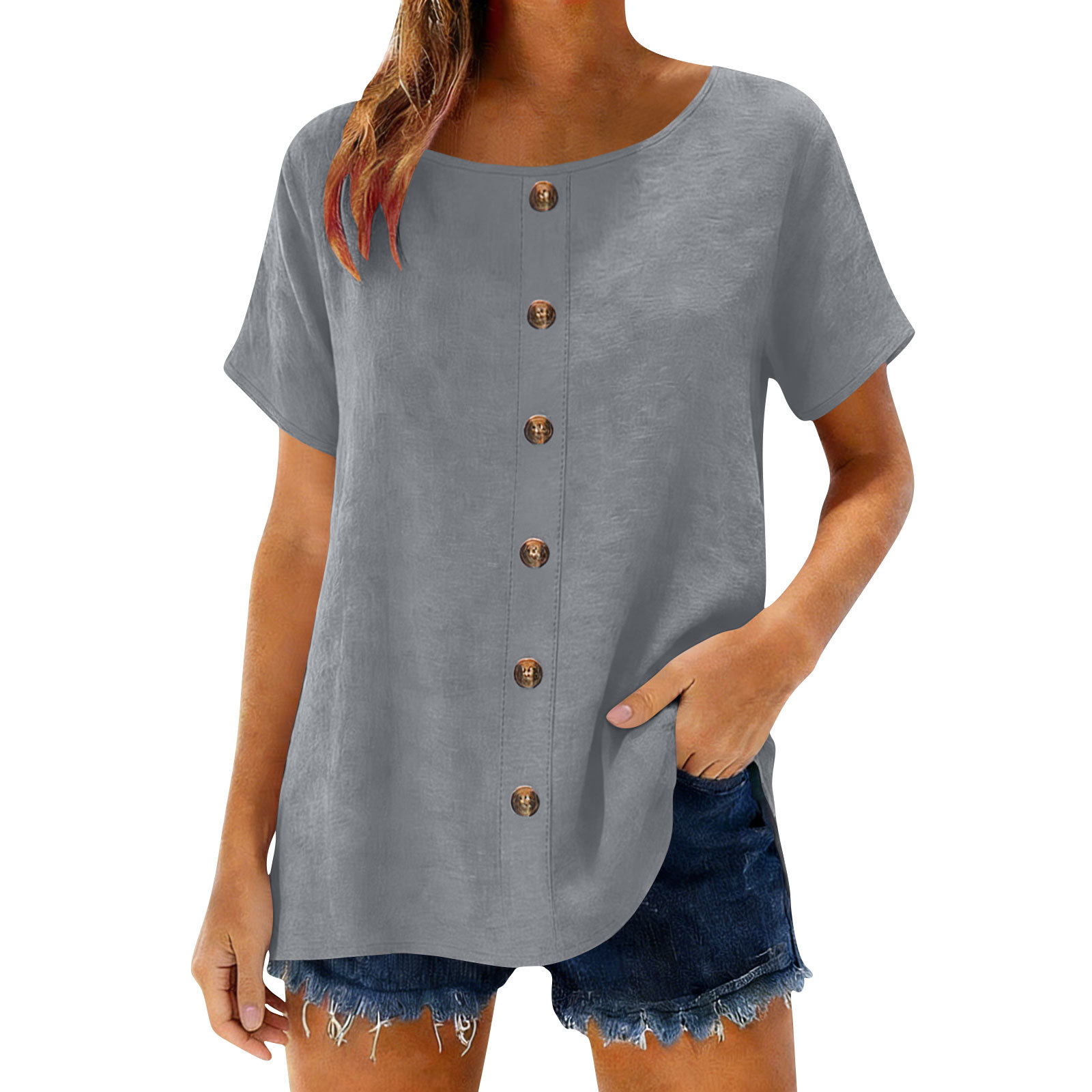 Decorative Girl Button Solid Color Short-Sleeve Crewneck T-Shirt Top - Image 13