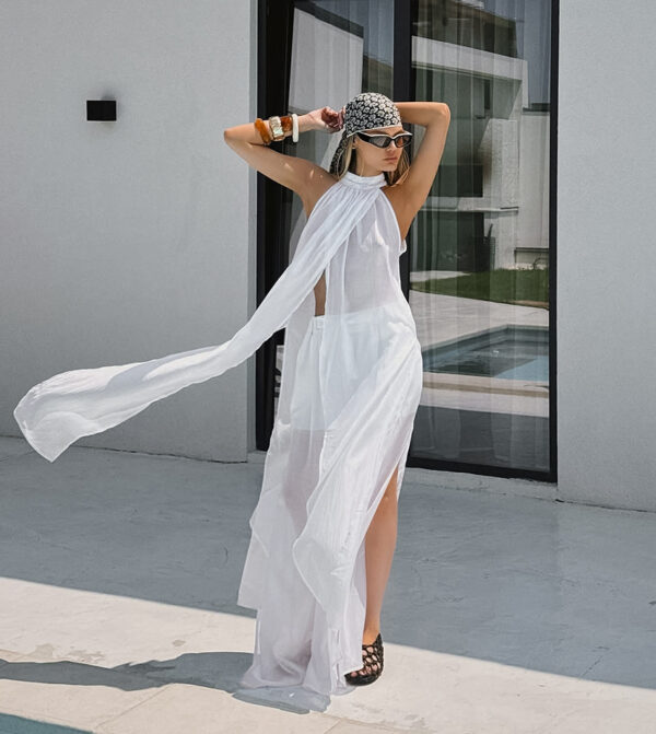 White Tencel Sleeveless Halter Neck Long Vest And Trousers Two-piece Set - Image 7