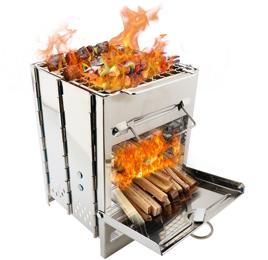 Mini Outdoor Firewood Stove Camping Cooking Picnic Grill Folding Stove Square Wood Steel Travel Charcoal - Image 1