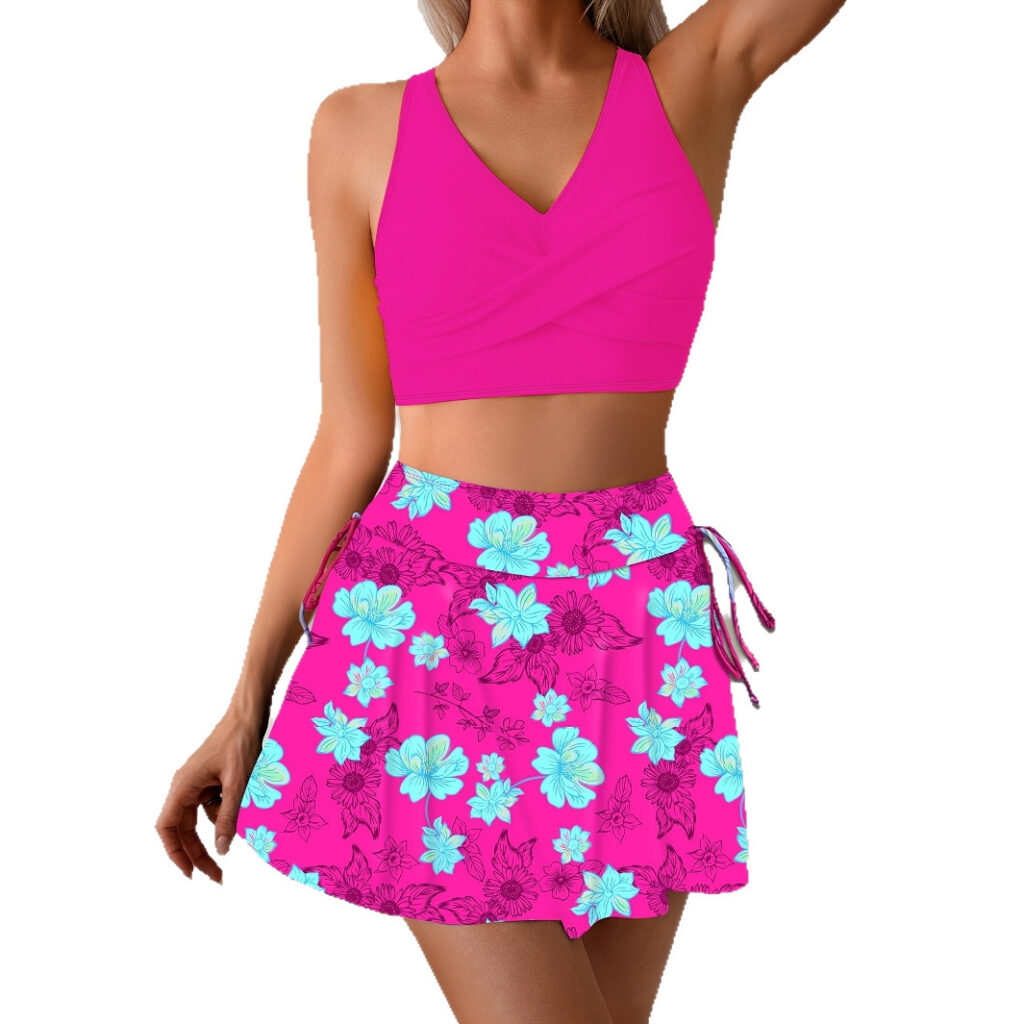 Womens Midriff-Covering Holiday Beach Printed Short-Skirt Swimsuit Set