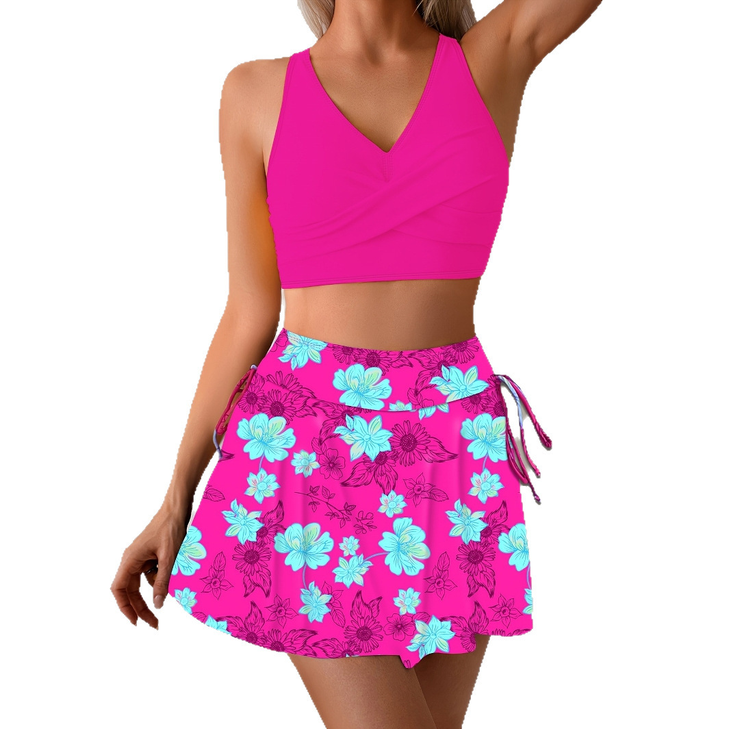 Womens Midriff-Covering Holiday Beach Printed Short-Skirt Swimsuit Set - Image 3
