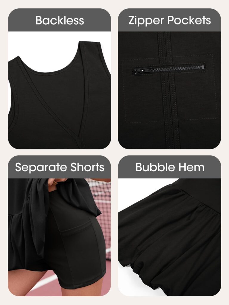 Fisoew Womens Athletic Dresses With Shorts & Pockets Backless Tennis Golf Mini Dress Bubble Hem Workout Active Outfits