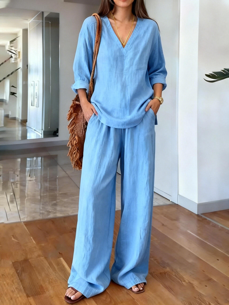 Womens Washed Cotton Multi-Color V-Neck Pullover Long-Sleeve Top And Pants Set - Image 12