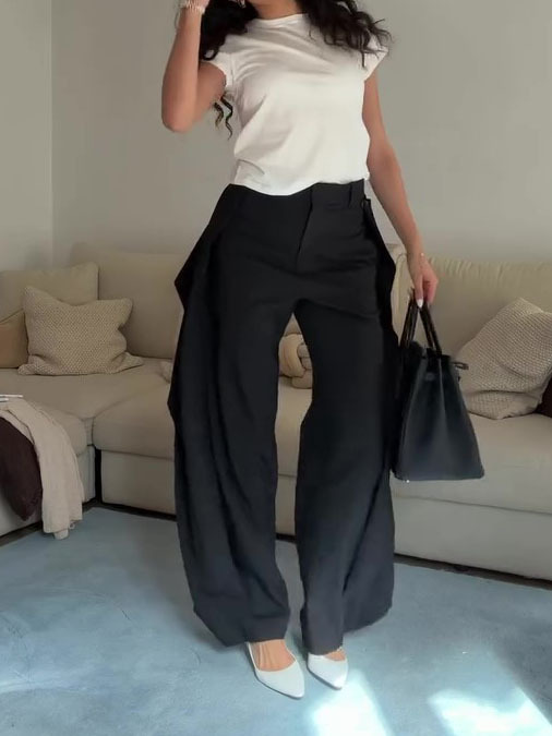High Waist Draped Wide Leg Suit Pants - Image 3