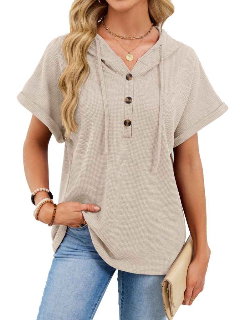 Womens Waffle-Weave Hooded Drawstring Short-Sleeve Top With Buttons
