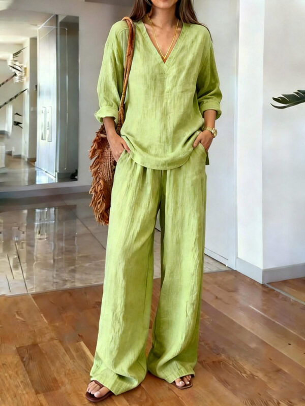 Womens Washed Cotton Multi-Color V-Neck Pullover Long-Sleeve Top And Pants Set - Image 11