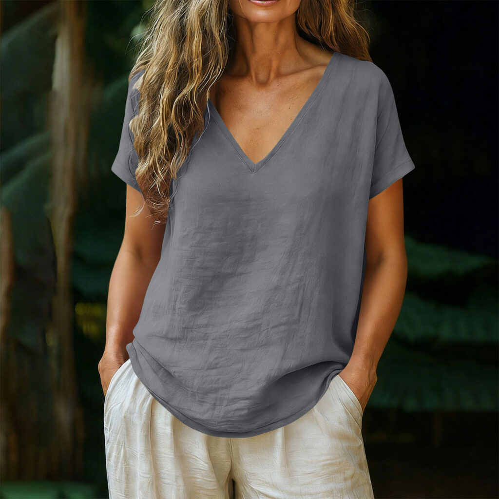 Women's Cotton-Linen Short-Sleeve V-Neck Pullover Top