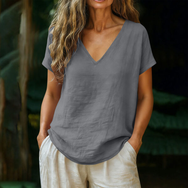 Women's Cotton-Linen Short-Sleeve V-Neck Pullover Top - Image 14