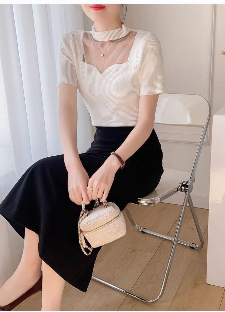 Women's Crew-Neck Short Organza French Top