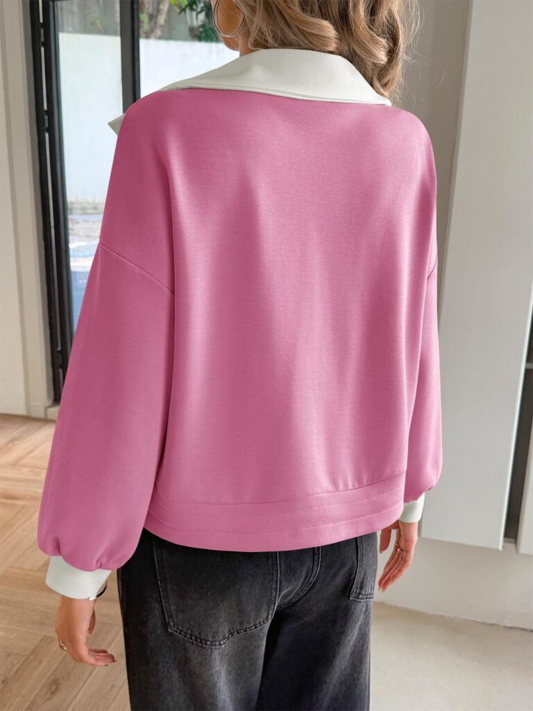 Fisoew Womens Cropped Oversized Sweatshirt Casual Lapel V Neck Long Sleeve Contrast Drawstring Loose Fit Fall Pullover Tops