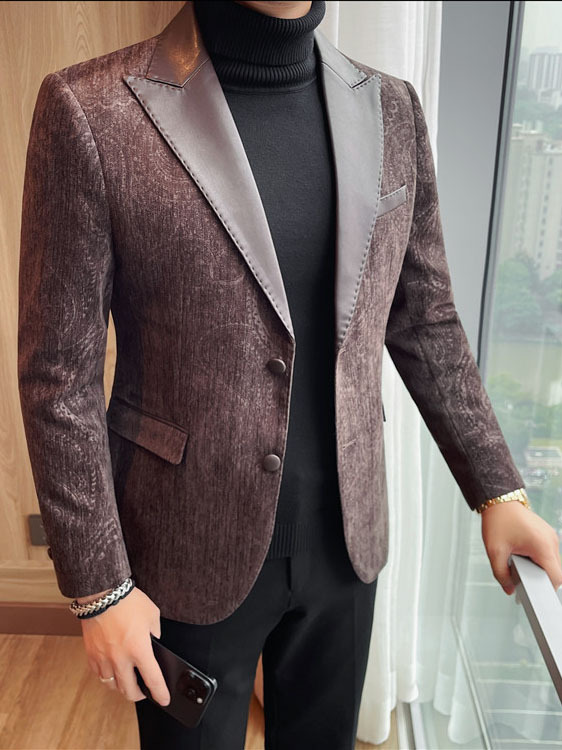 Jacquard Velvet Leather Lapel Men's Blazer - Image 20