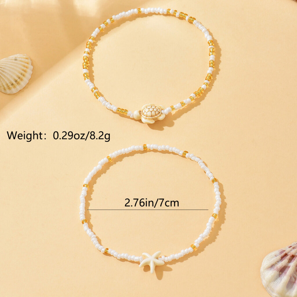 Beach Vacation Style Shell And Starfish Beaded Anklet Set, Bohemian Glass Seed Bead Ankle Jewelry