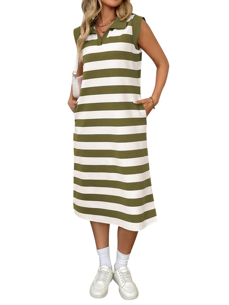 Striped Pocketed Lapel Sleeveless Maxi Dress