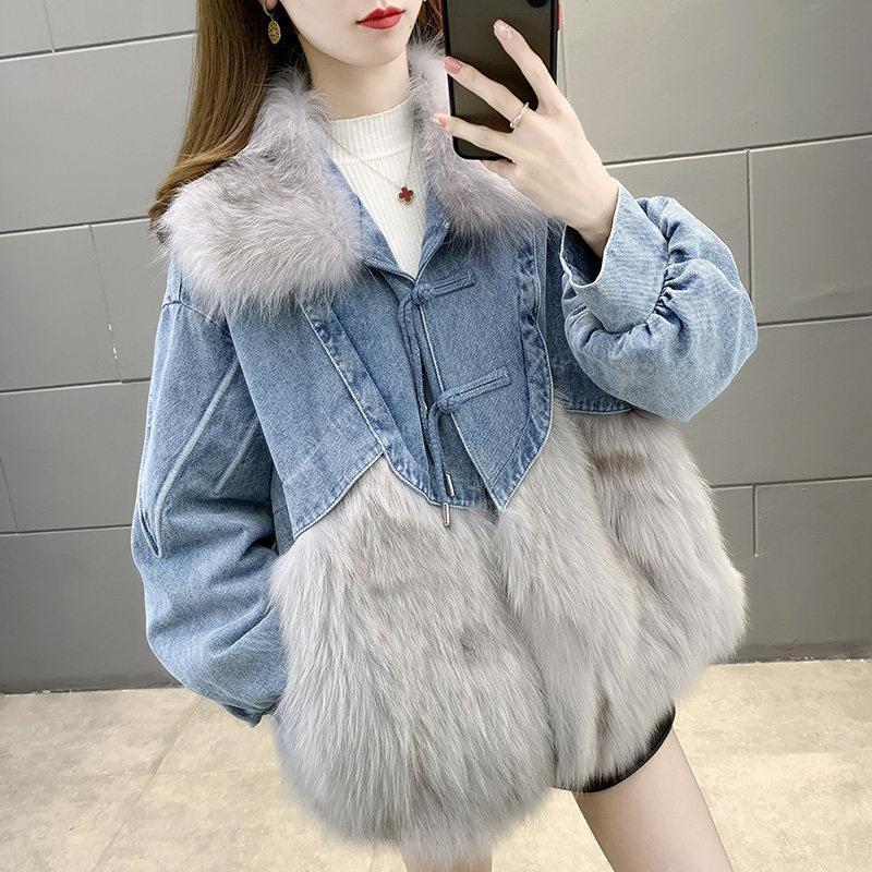 Denim Parka Womens Short Leather Faux Fox Fur Coat - Image 1