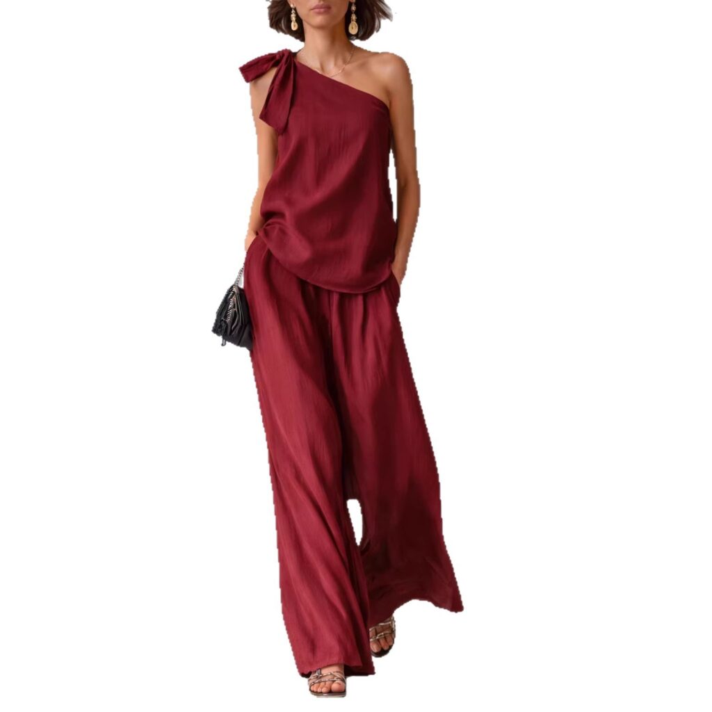 Sleeveless One-shoulder Top With Tie Detail And Wide-leg Pants