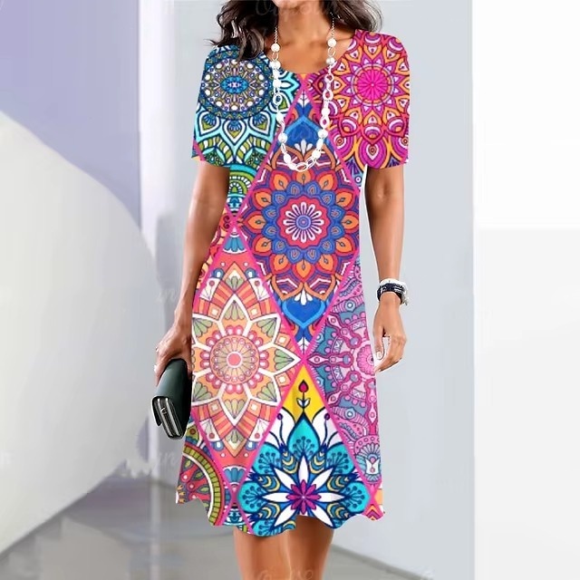 Womens Summer Classic 3D Digital Print Fashion Short-Sleeve Dress - Image 14