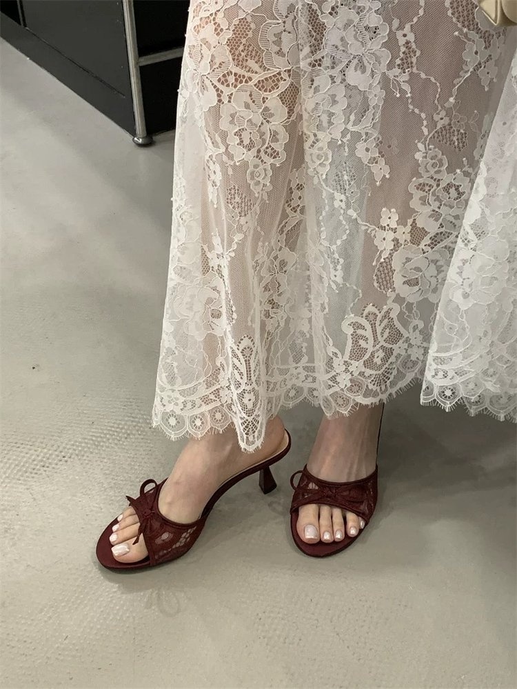 French Style Lace Bow Kitten Heel Mules For Women - Image 8