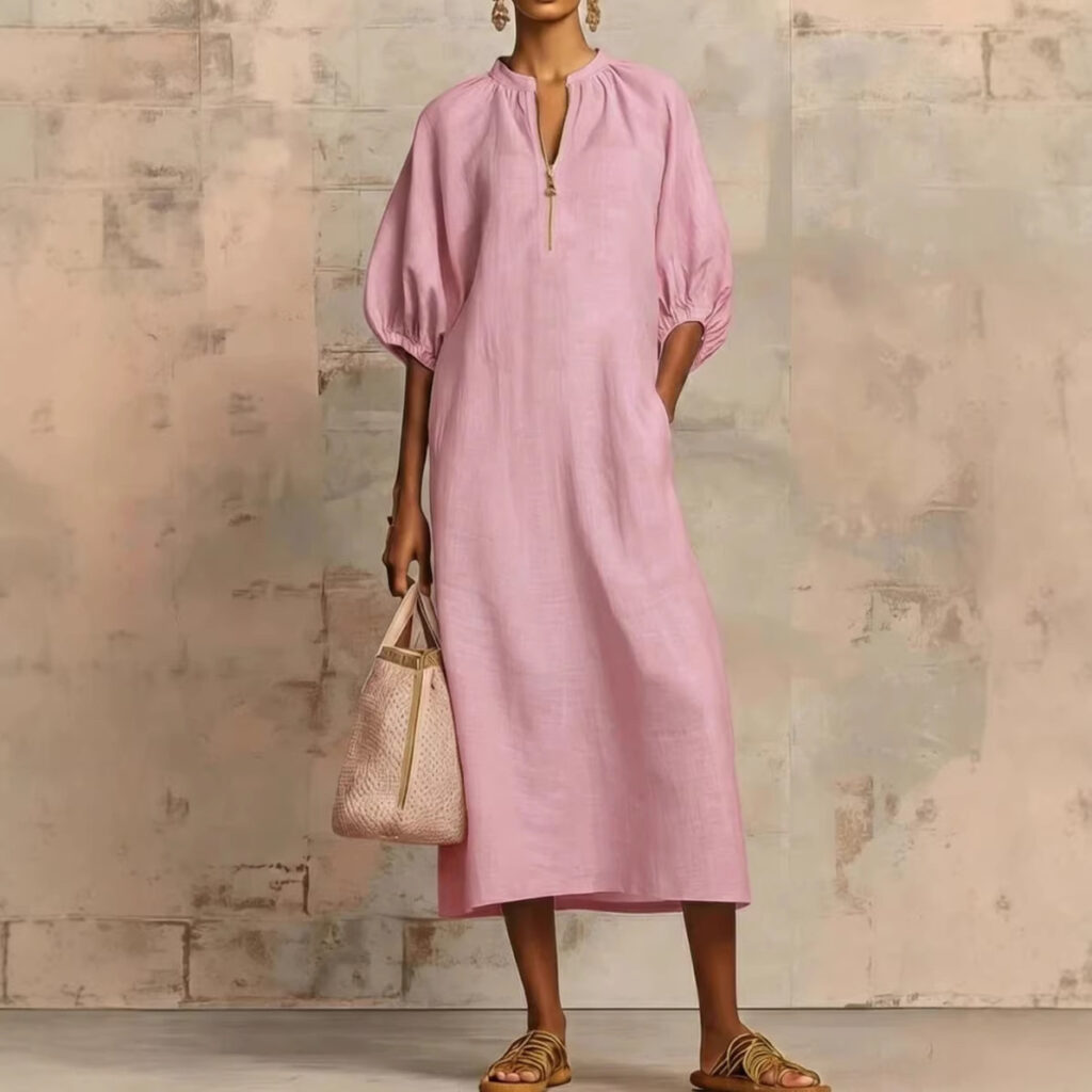 Womens Solid-Colored Cotton-Linen Loose-Fit Casual Puff-Sleeve Dress