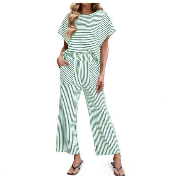Womens Striped Short-Sleeve T-Shirt And Wide-Leg Pants Set With Pockets - Image 10