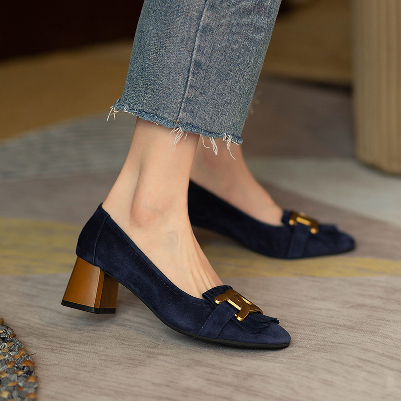 Square-toe Metal-buckle Chunky-heel Womens Shoes