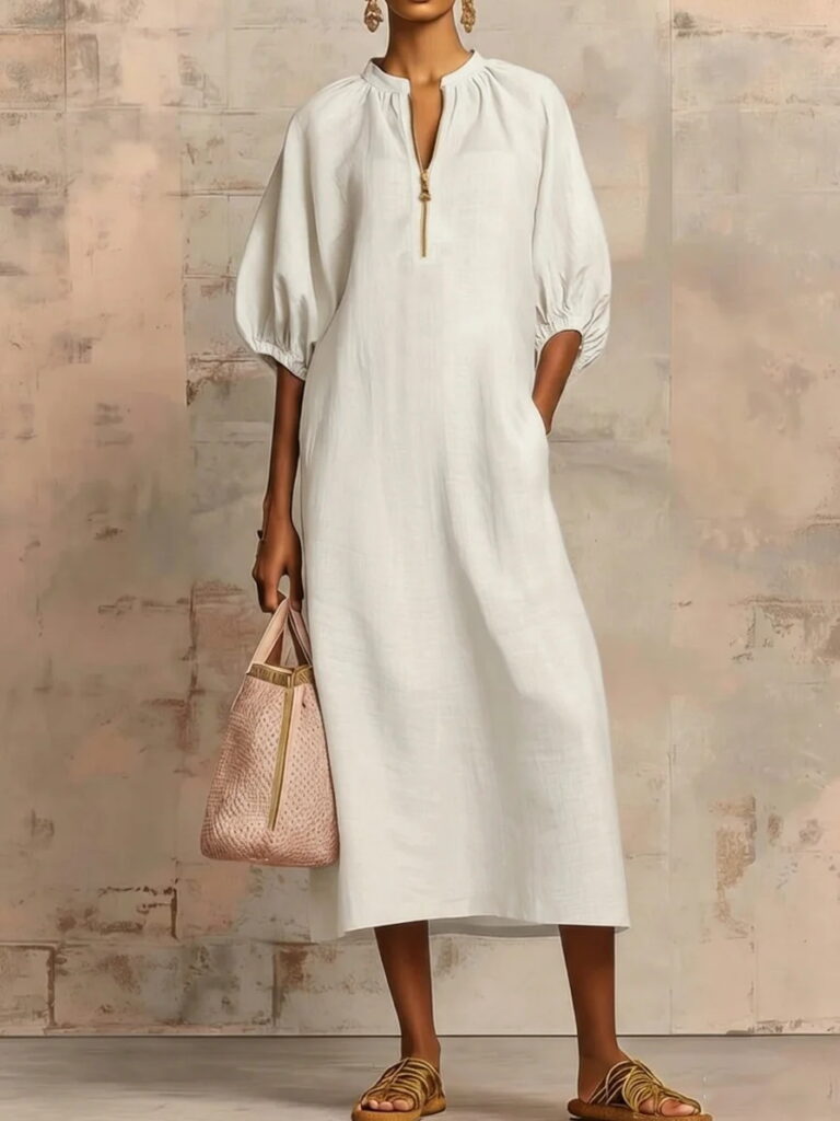 Womens Solid-Colored Cotton-Linen Loose-Fit Casual Puff-Sleeve Dress