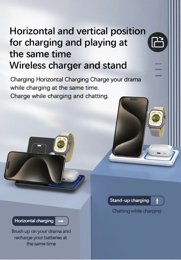 15W 3 In 1 LED Fast Wireless Charger Stand Foldable Charging Station For Smart Phone 15 14 13 12 11 IWatch 9 8 7 6 5 Airpods Pro - Image 13