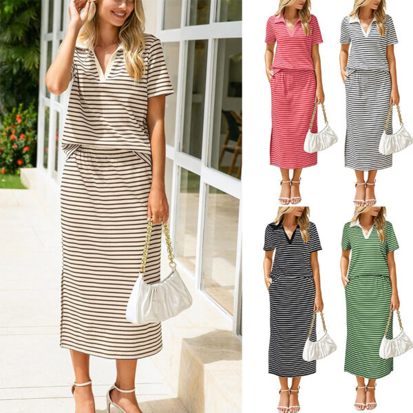 Womens Lapel T-shirt And Slit Skirt 2-piece Set
