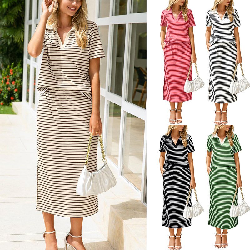 Womens Lapel T-shirt And Slit Skirt 2-piece Set - Image 1