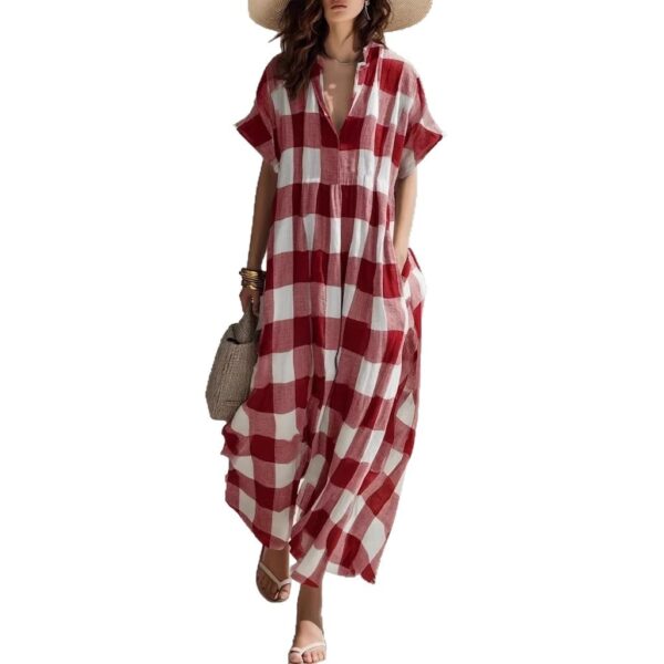 Plaid V-neck Long Cotton-Linen Dress - Image 4