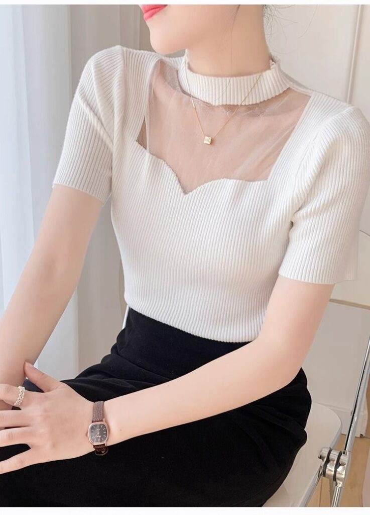 Women's Crew-Neck Short Organza French Top