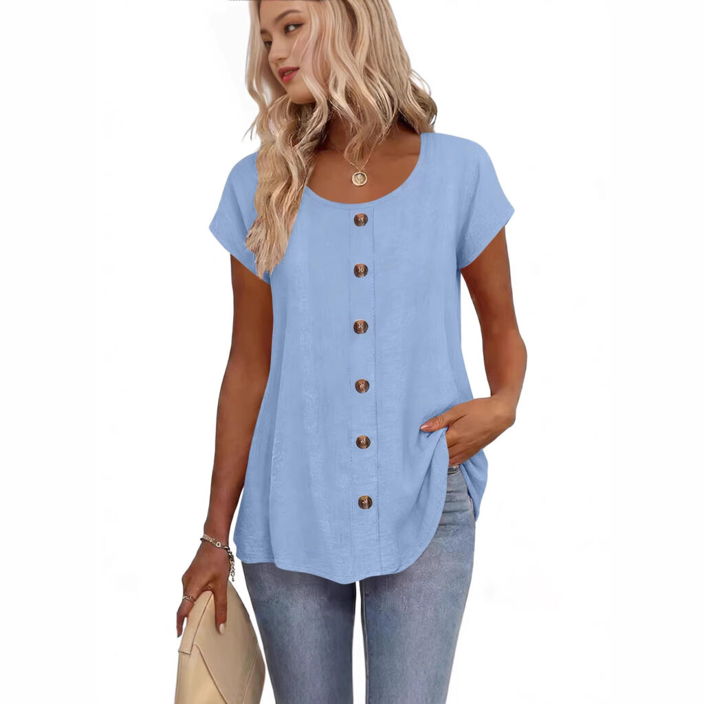 Decorative Girl Button Solid Color Short-Sleeve Crewneck T-Shirt Top