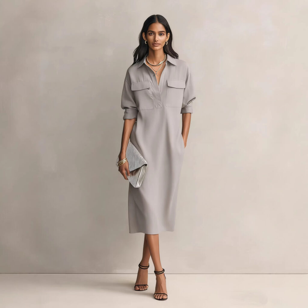 Womens French-style Elegant Commuter Shirt Dress With A Defined Waist, Slimming Fit