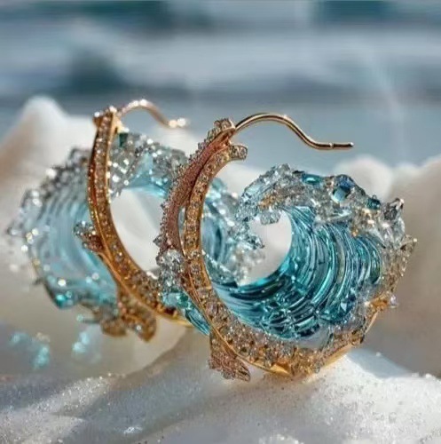 New Creative Light Luxury Wave Jewelry Set, Ocean Wave Design Ring And Earrings, All-Match For Women - Image 2