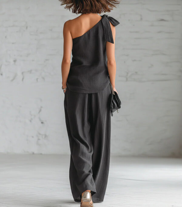 Sleeveless One-shoulder Top With Tie Detail And Wide-leg Pants - Image 21