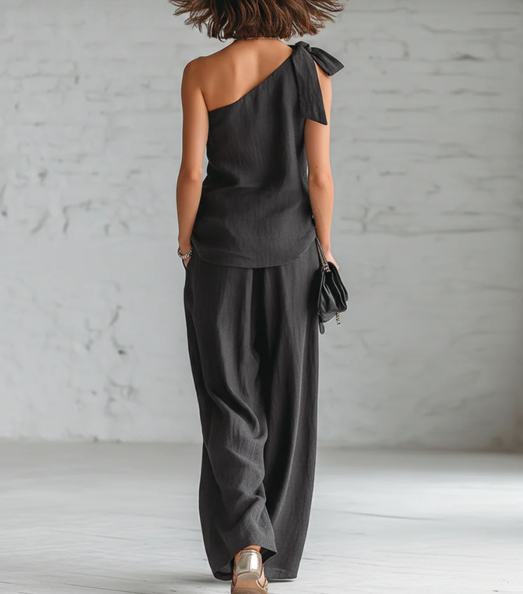 Sleeveless One-shoulder Top With Tie Detail And Wide-leg Pants - Image 21