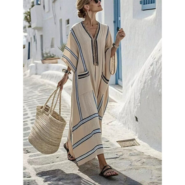 Beach Vacation Long Striped Embroidered Dress - Image 8