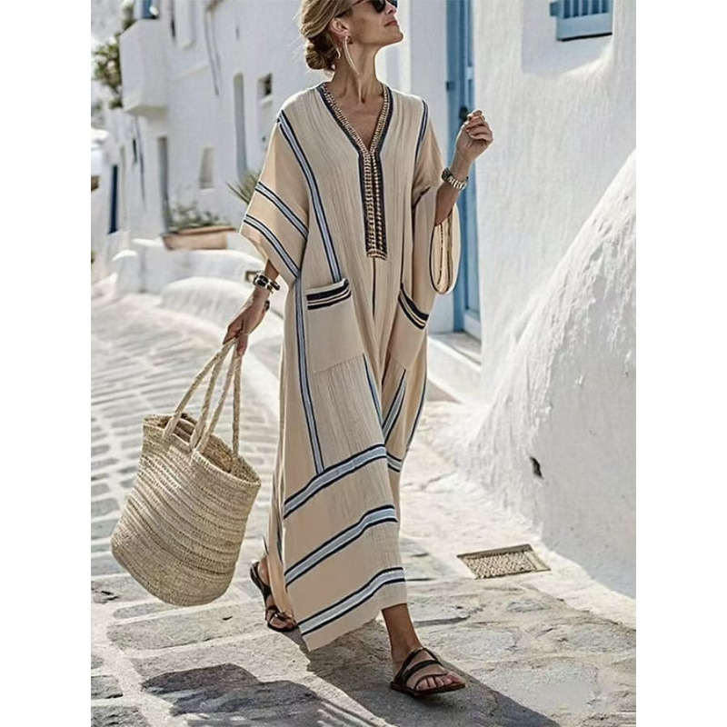 Beach Vacation Long Striped Embroidered Dress - Image 8