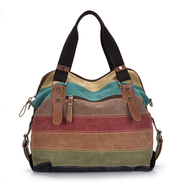 KVKY Brand Fashion Canvas Bag Brand Women Handbag Classic Patchwork Casual Female Shoulder Bags Striped Rainbow Purse Pouch - Image 3