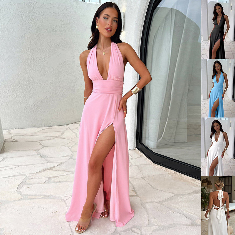 Sexy Halterneck V-neck Slit Dress Summer Backless Strappy Skirt Fashion Temperament Clothing Women - Image 1
